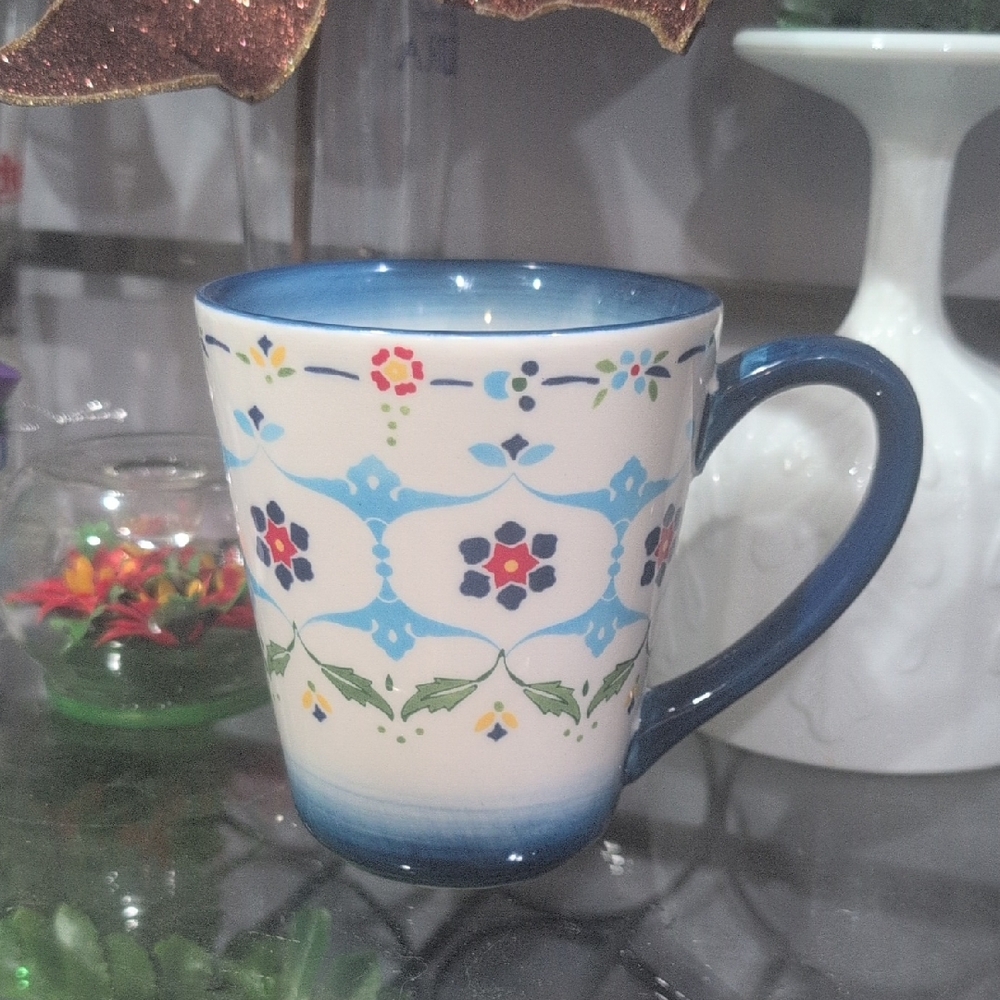 Over and back Colorful Floral Mug with Blue Handle